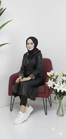 Kadın Şardon Astarlı Fermuarlı Deri Siyah Kap