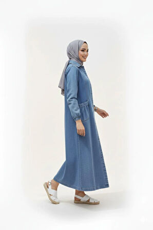 Kadın Düğmeli Cepli Kar Yıkamalı Denim Mavi Kot Kap