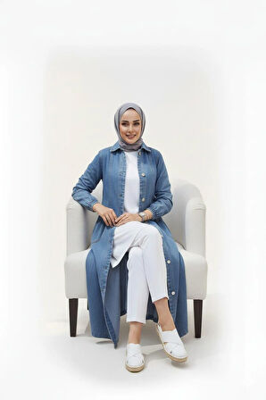 Kadın Düğmeli Cepli Kar Yıkamalı Denim Mavi Kot Kap