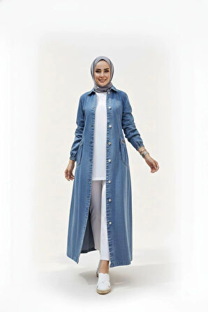 Kadın Düğmeli Cepli Kar Yıkamalı Denim Mavi Kot Kap