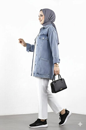 Kadın Cep Detaylı Denim Kot Mavi Ceket