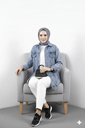 Kadın Cep Detaylı Denim Kot Mavi Ceket