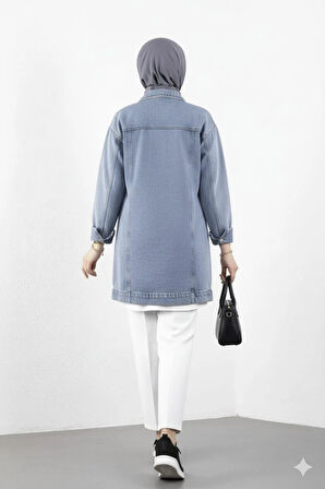 Kadın Cep Detaylı Denim Kot Mavi Ceket