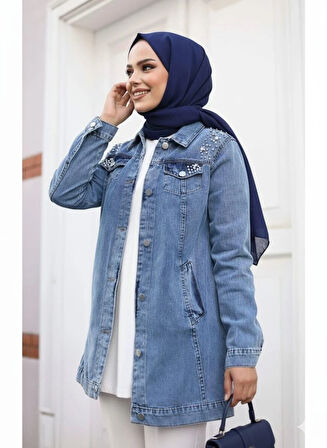 Kadın Boncuk İşlemeli Denim Kot Mavi Ceket