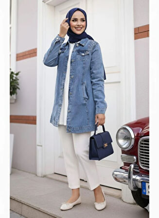 Kadın Boncuk İşlemeli Denim Kot Mavi Ceket