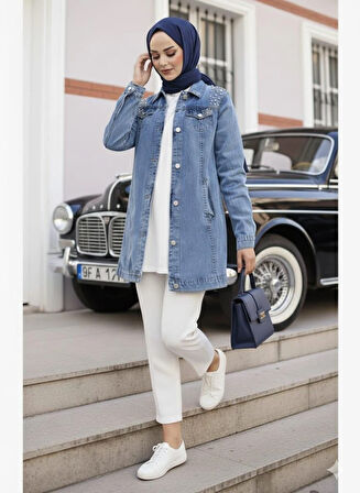 Kadın Boncuk İşlemeli Denim Kot Mavi Ceket