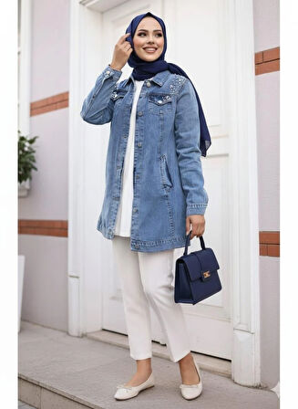Kadın Boncuk İşlemeli Denim Kot Mavi Ceket