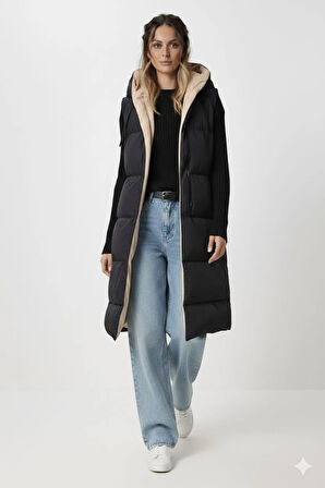 Kadın Çift Taraflı Kapüşonlu Cepli Krem-Siyah  Yelek