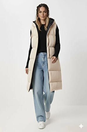 Kadın Çift Taraflı Kapüşonlu Cepli Krem-Siyah  Yelek