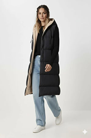 Kadın Çift Taraflı Kapüşonlu Cepli Krem-Siyah  Yelek