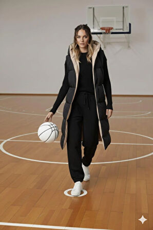 Kadın Çift Taraflı Kapüşonlu Cepli Krem-Siyah  Yelek