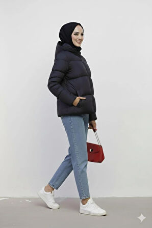 Kadın Kapüşonlu Önden Cepli Şişme Siyah Mont