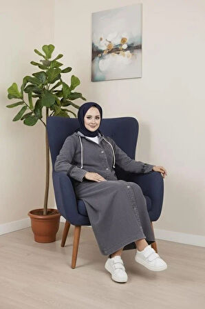 Kadın Cepli Düğmeli Kapüşonlu Denim Koyu Gri Trençkot