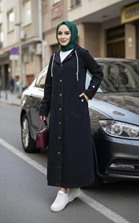 Kadın Cepli Düğmeli Kapüşonlu Denim Siyah Trençkot