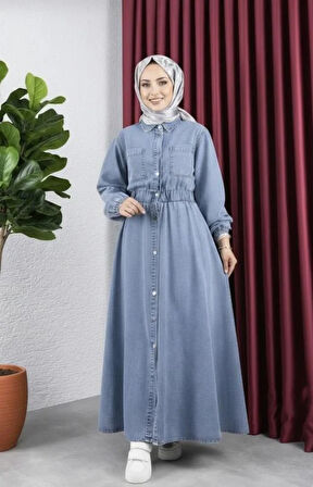 Kadın Cep Detaylı Belden Lastikli Denim Kot Mavi Elbise