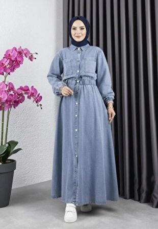 Kadın Cep Detaylı Belden Lastikli Denim Kot Mavi Elbise