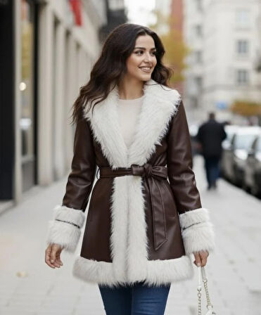 Kadın Tüylü Kemerli İçi Astarlı Deri Kahverengi Ceket