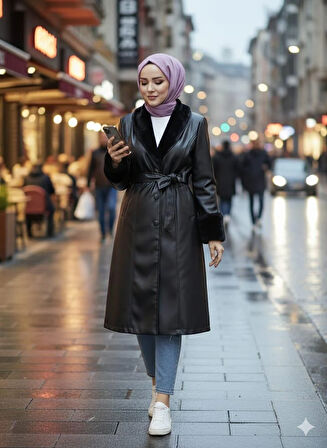 Kadın Yakası Tüylü Kuşaklı Astarlı Siyah Deri Trençkot