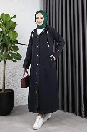 Kadın Cepli Düğmeli Kapüşonlu Denim Siyah Trençkot