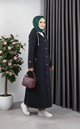 Kadın Cepli Düğmeli Kapüşonlu Denim Siyah Trençkot