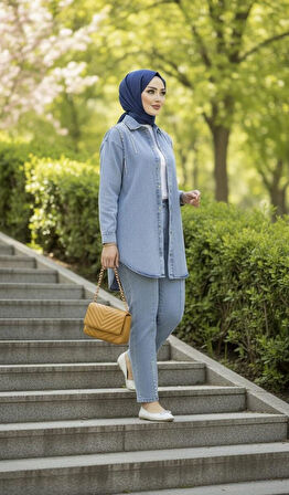 Kadın Kot Ceket Pantolon İkili Kot Mavi Takım