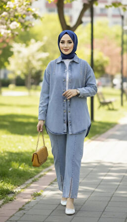 Kadın Kot Ceket Pantolon İkili Kot Mavi Takım