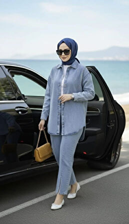 Kadın Kot Ceket Pantolon İkili Kot Mavi Takım