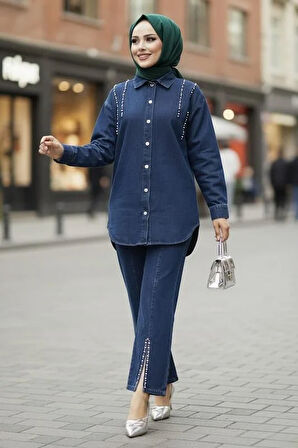 Kadın Kot Ceket Pantolon İkili Kot Lacivert Takım