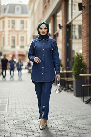 Kadın Kot Ceket Pantolon İkili Kot Lacivert Takım