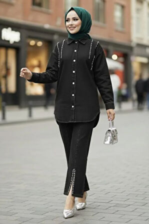 Kadın Kot Ceket Pantolon İkili Kot Siyah Takım