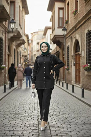 Kadın Kot Ceket Pantolon İkili Kot Siyah Takım