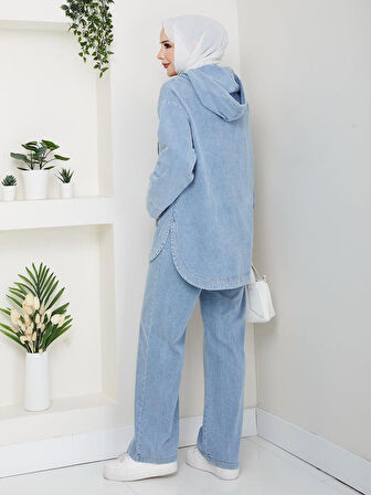 Kadın Kapüşonlu Cepli Kot Mavi Tunik Pantolon Takım