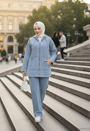 Kadın Kapüşonlu Cepli Kot Mavi Tunik Pantolon Takım