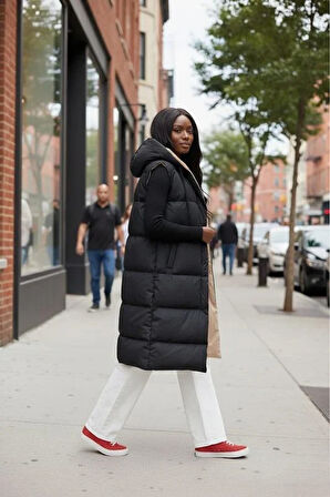 Kadın Kapüşonlu Cepli Çift Taraflı Krem-Siyah  Yelek