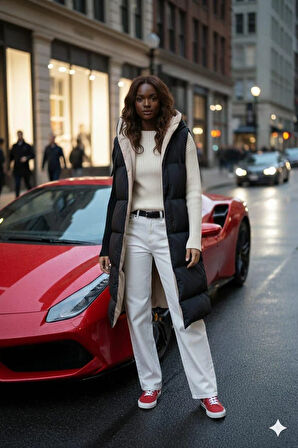 Kadın Kapüşonlu Cepli Çift Taraflı Krem-Siyah  Yelek