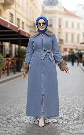 Kadın Tüylü Yakalı Kuşaklı Denim Mavi Kot Kap