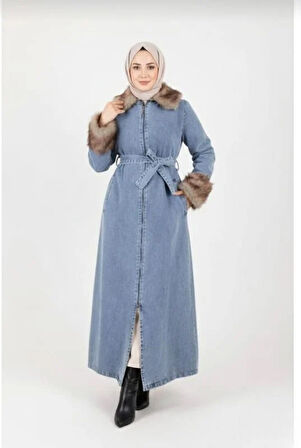 Kadın Tüylü Yakalı Kuşaklı Denim Mavi Kot Kap