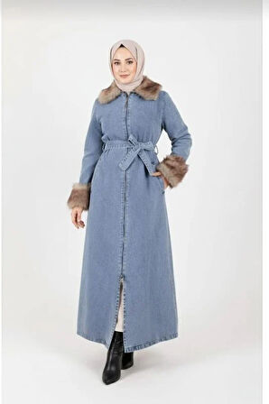 Kadın Tüylü Yakalı Kuşaklı Denim Mavi Kot Kap