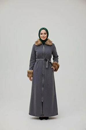 Kadın Tüylü Yakalı Kuşaklı Denim Siyah  Kot Kap