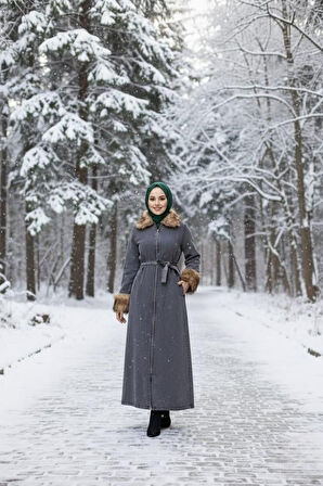 Kadın Tüylü Yakalı Kuşaklı Denim Siyah  Kot Kap