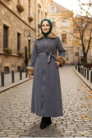 Kadın Tüylü Yakalı Kuşaklı Denim Siyah  Kot Kap