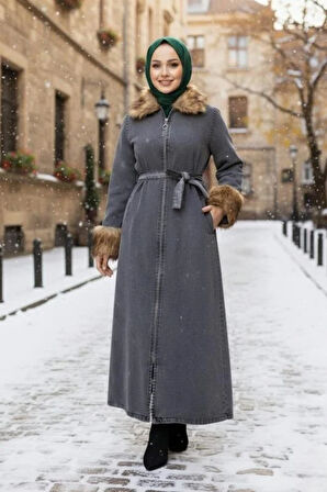 Kadın Tüylü Yakalı Kuşaklı Denim Siyah  Kot Kap