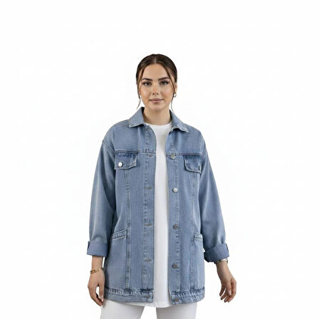 Kadın Cep Detaylı Denim Mavi Kot Ceket
