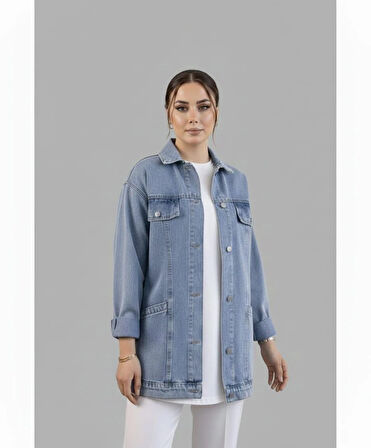Kadın Cep Detaylı Denim Mavi Kot Ceket