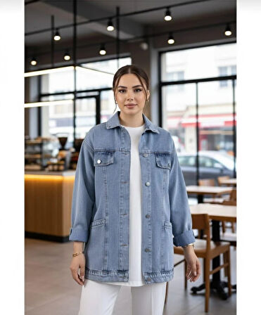 Kadın Cep Detaylı Denim Mavi Kot Ceket