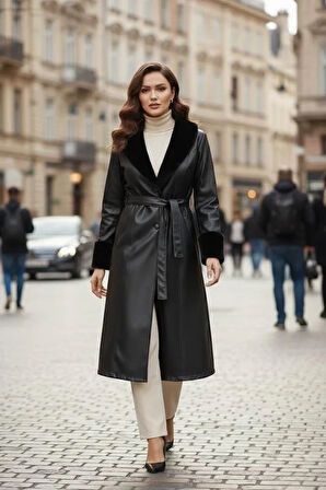 Kadın Yakası Tüylü Kuşaklı İçi Astarlı Deri Siyah Trençkot