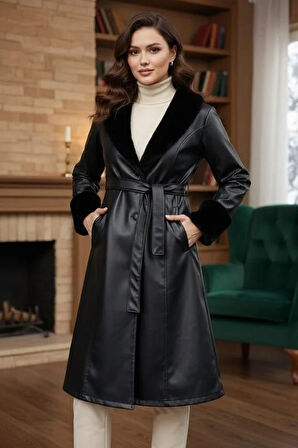 Kadın Yakası Tüylü Kuşaklı İçi Astarlı Deri Siyah Trençkot
