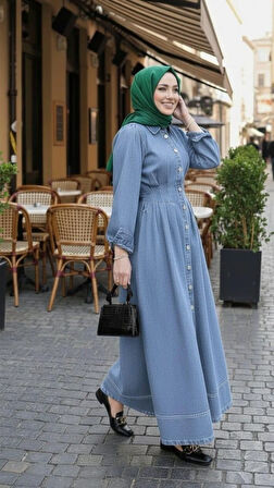 Kadın Beli Büzgülü Düğmeli Kot Mavi Elbise 