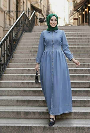 Kadın Beli Büzgülü Düğmeli Kot Mavi Elbise 