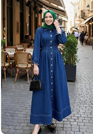 Kadın Beli Büzgülü Düğmeli Koyu Kot Mavi Elbise 